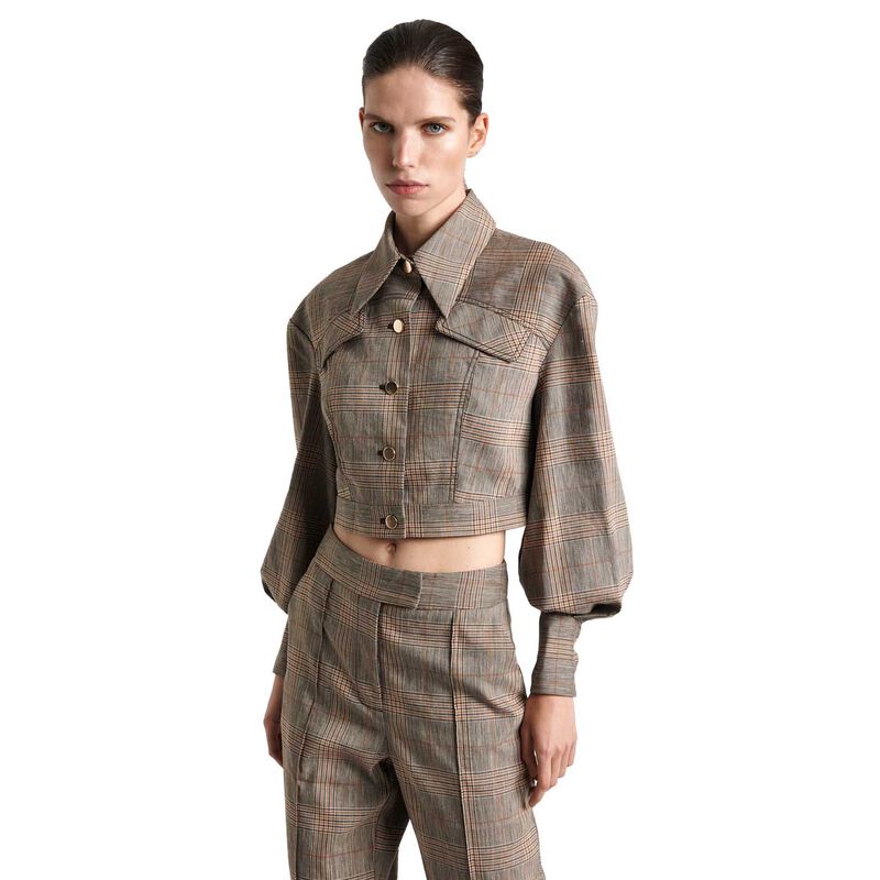 Cue European Linen Wool Check Cropped Jacket image number 0